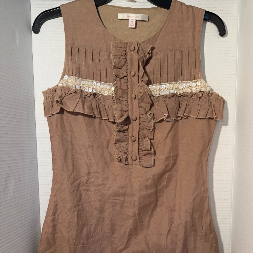 Sleeveless Ruffle Trim Brown Dress with Sequin Band